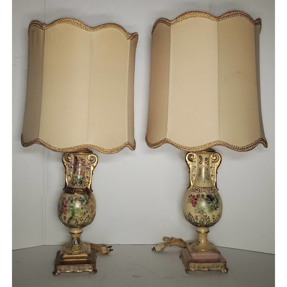 Vintage Beckwith China Porcelain Hand Painted Table Lamps 1930-50's Orig. Shades